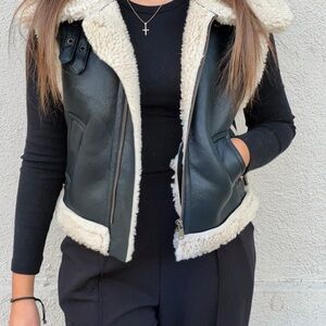 Women's Black and Cream Shearling Vest